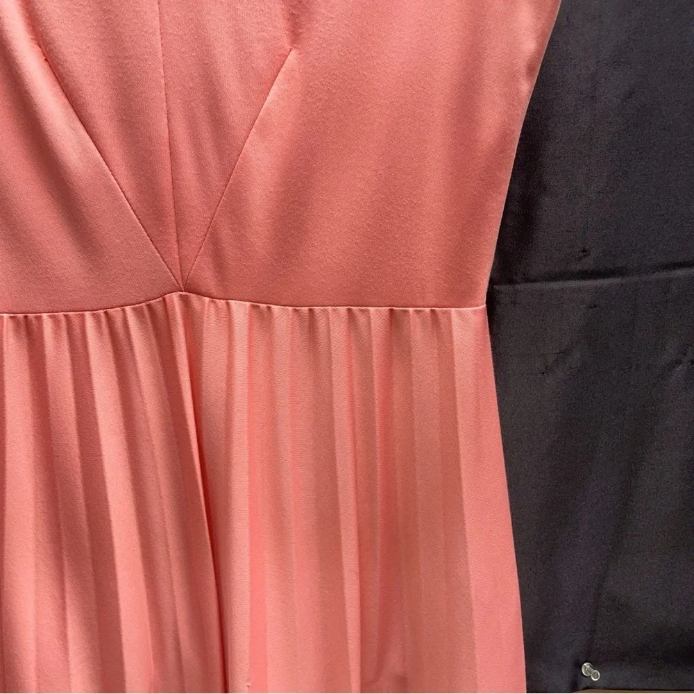 Vintage 1960s Orange V-Neck Sleeveless Pleated Dress With Sheer Tie Cape Sz M - Picture 6 of 8